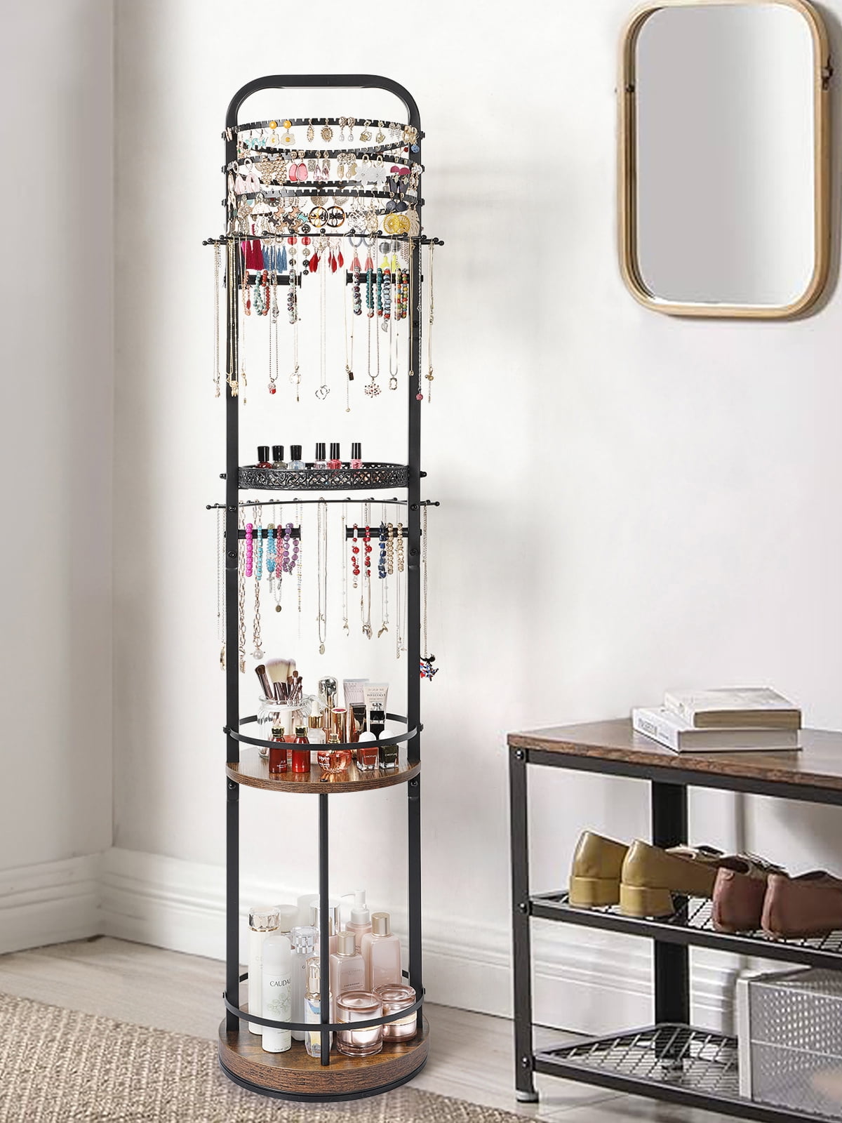 Olakee Rotating Large-Capacity Jewelry Organizer Stand for Earring, Necklace, Bracelet, Ring, Durable Metal & Wood, Girls & Women, Modern, Brown & Black