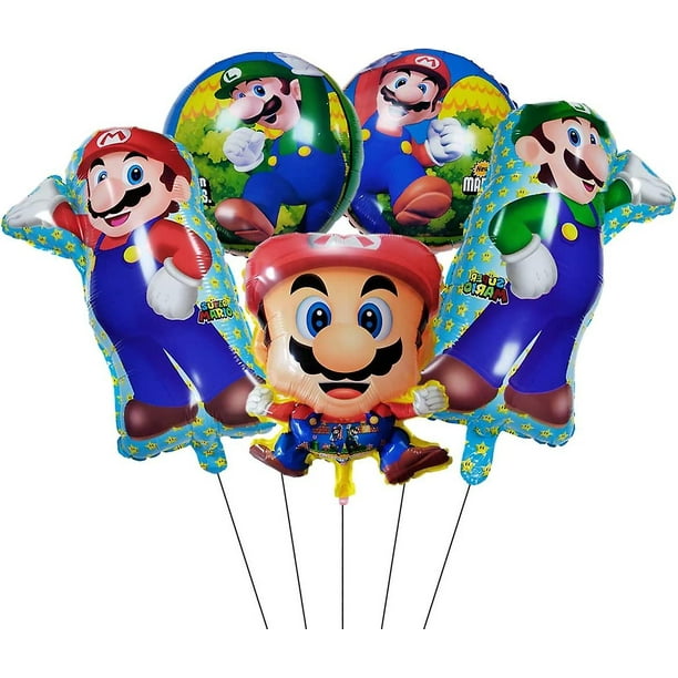 5 globos de papel de aluminio de Super Mario Brothers, fiesta temática de Super Mario Brothers, suministros de decoración para fiesta de cumpleaños para niños.