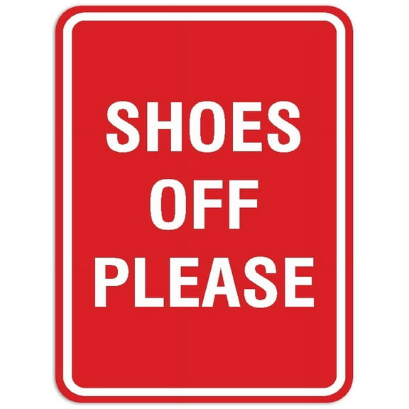 Signs ByLITA Portrait Round Shoes off please Sign - Laser-Engraved Lettering | Durable ABS Plastic | Vibrant Colors | Powerful Foam Tape (Red) - Large