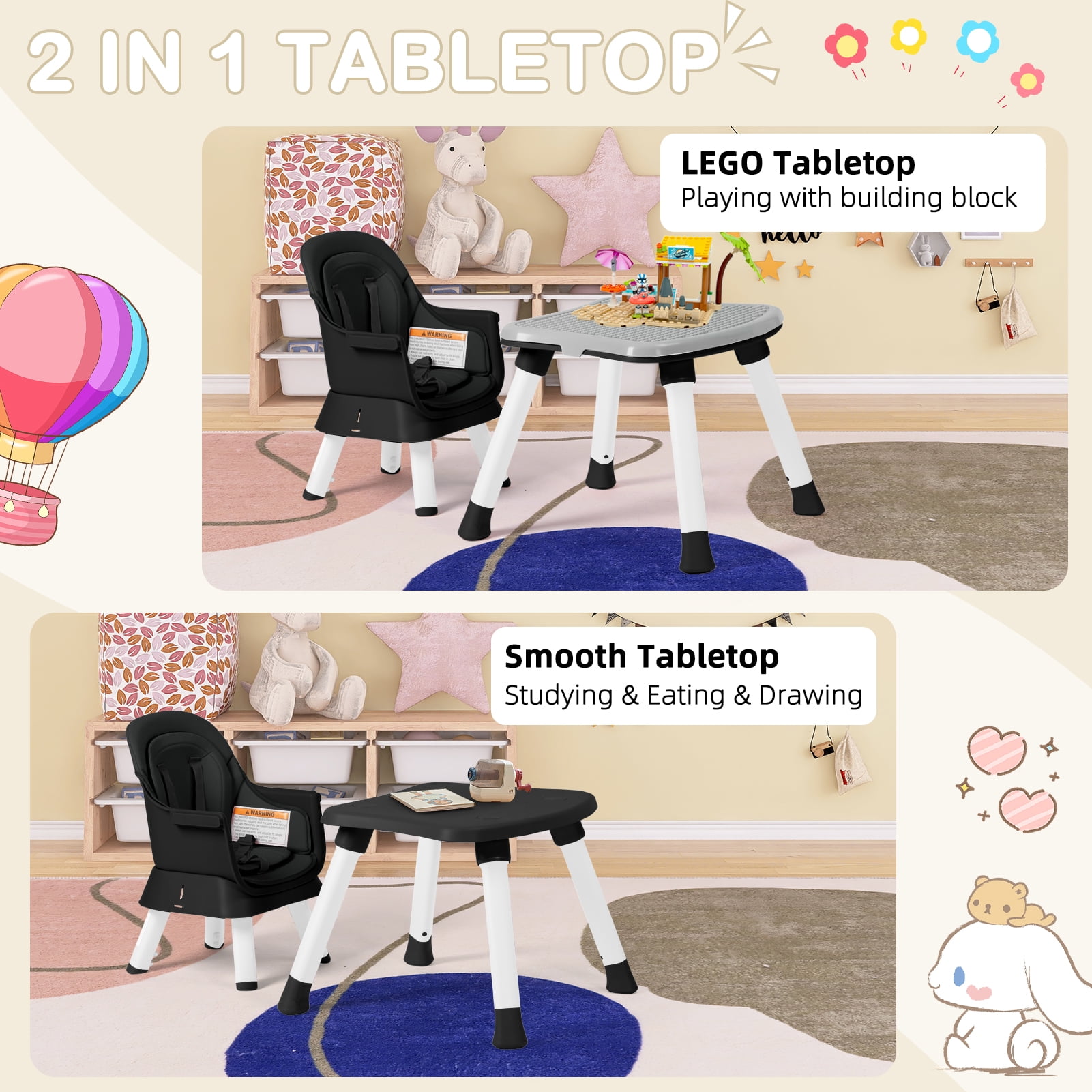 AILEEKISS 8 in 1 Baby High Chair, Toddler Dining Booster Seat for Eating, Black
