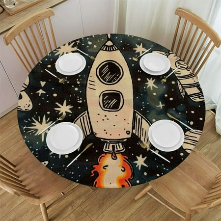 

BCIIG Rocket Ship Planets Stars Round Table Cover Stain Resistant Washable Indoor Outdoor Tablecloth Kitchen Dining Wedding Parties 100% Polyester Fiber 42-46