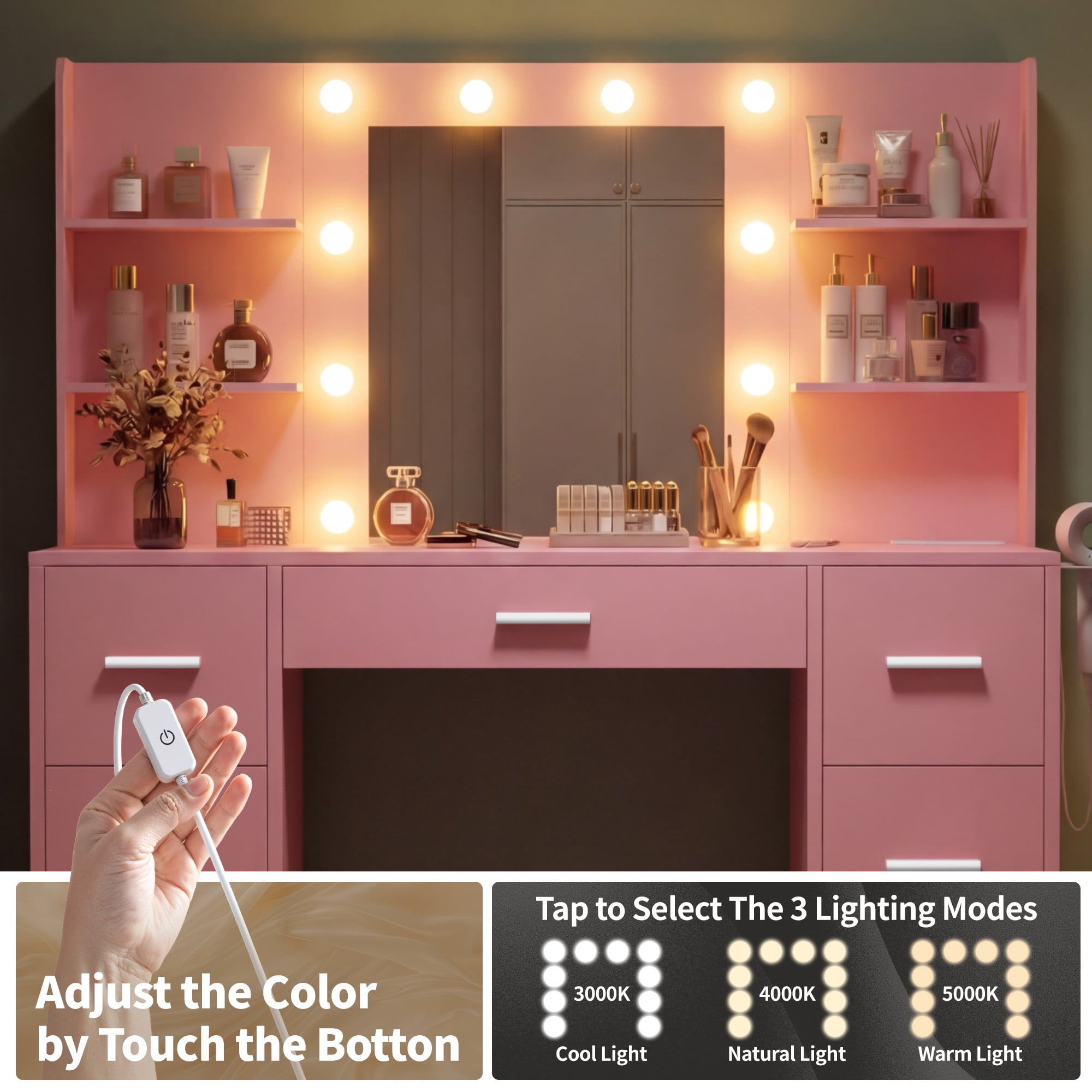 Lacoo Vanity Desk with Mirror and LED Lights, Makeup Vanity with 7 Drawers & 4 Shelves, Vanity Table with Power Outlet for Bedroom Dressing Room, Light Pink