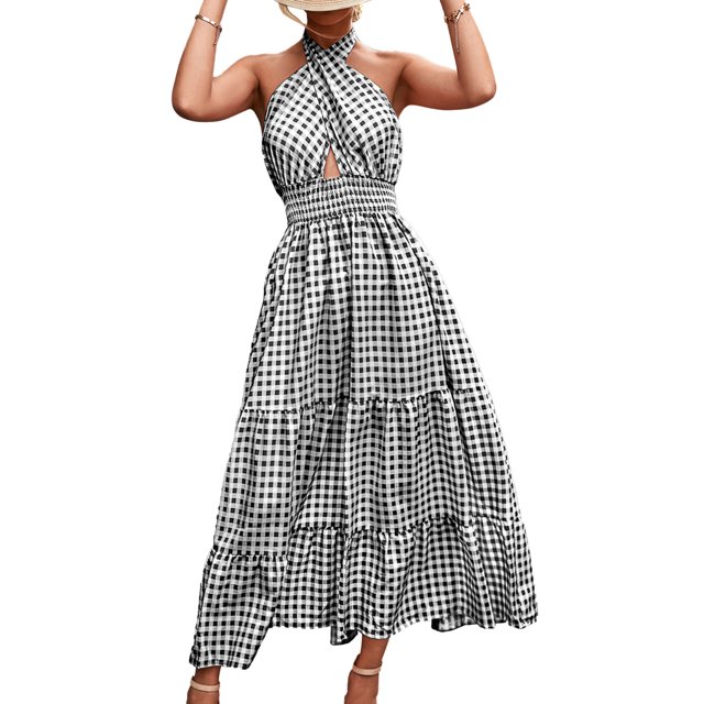 Femmes Robe Maxi Été, Attrayant Confortable Porter Imprimé Floral Femmes Robe Maxi Dos Nu Élégant pour les Soirées Décontractées Noir Plaid S