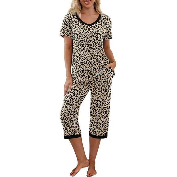 TheFound Women Pajama Sets Short Sleeve V-Neck Sleepwear Top with Capri Pants Summer Pjs Loungewear Set
