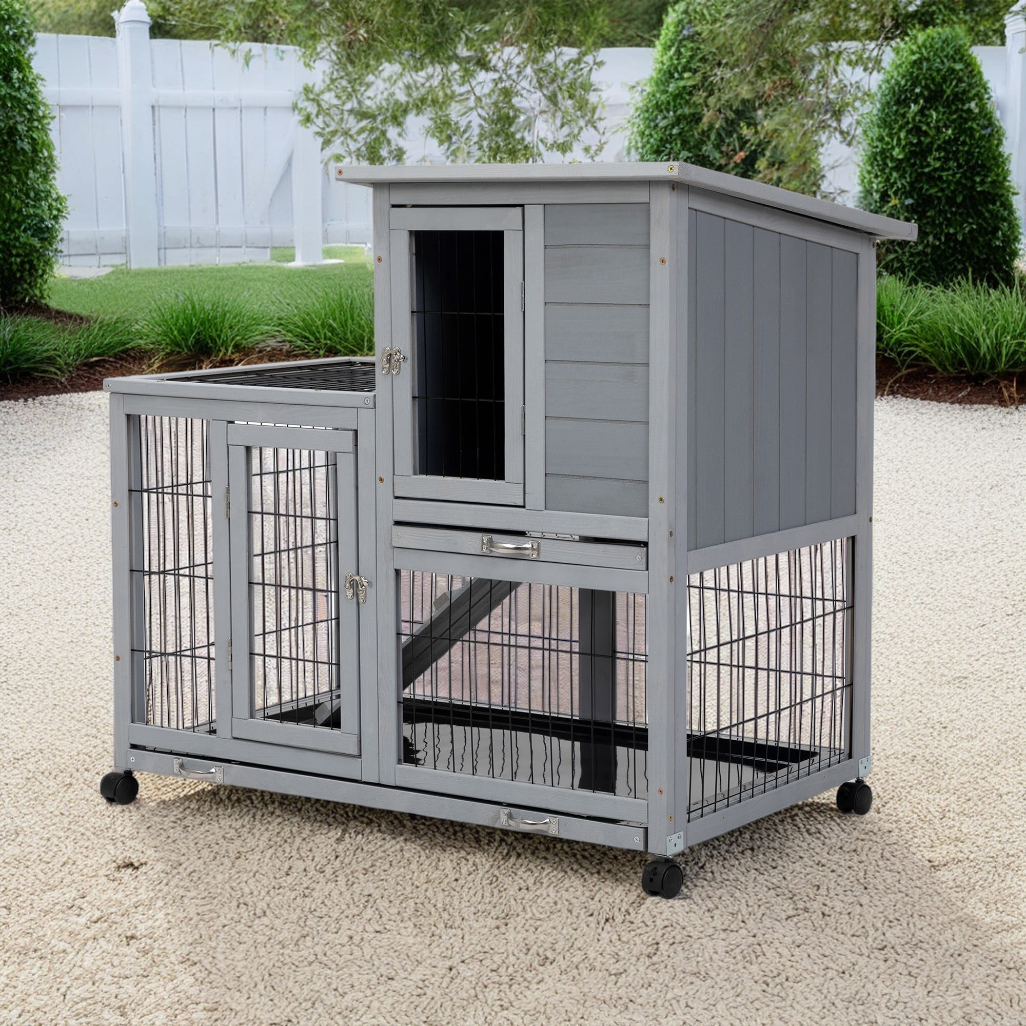 Pefilos 39" Wood Rabbit Hutch for Indoor, Outdoor Chicken Coop, Hen House with Removable Tray, Rolling Casters, Gray