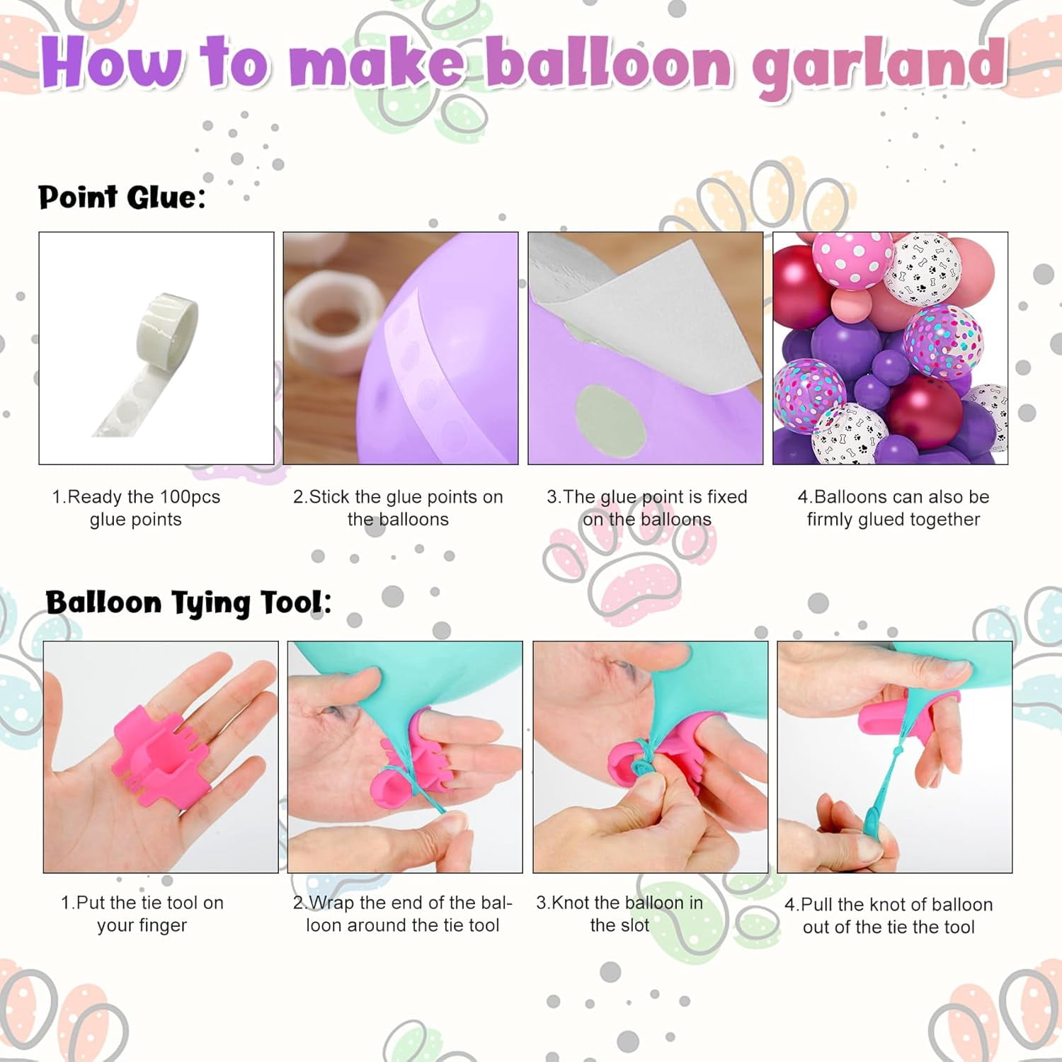 147-Piece Paw Balloon Garland Arch Kit - Dog Paw Print Balloons in Pink, Purple, Turquoise with Confetti - Puppy Theme Birthday Baby Shower Party Decorations