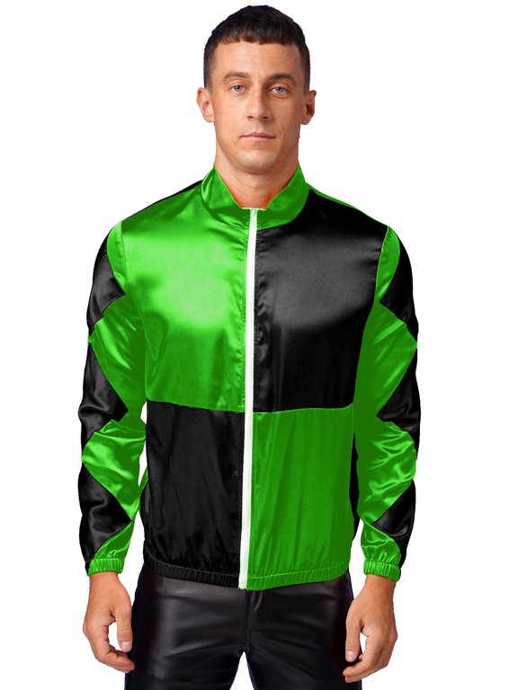 Men's Horse Racer Tops Shiny Satin Jacket Horse Trainer Halloween Adult Fancy Dress Green&Black XL