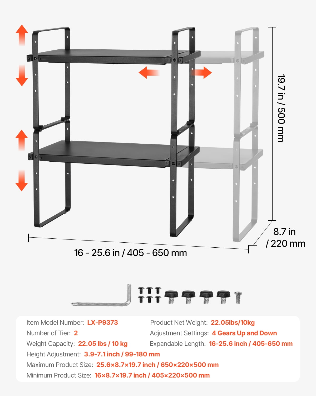 VEVOR Adjustable Kitchen Cabinet Shelf Organizer, Expandable 2 Tier Cabinet Shelf, Stackable Countertop Organizers and Storage Shelf Risers, Pantry Organizers for Kitchen Bathroom Office, Black
