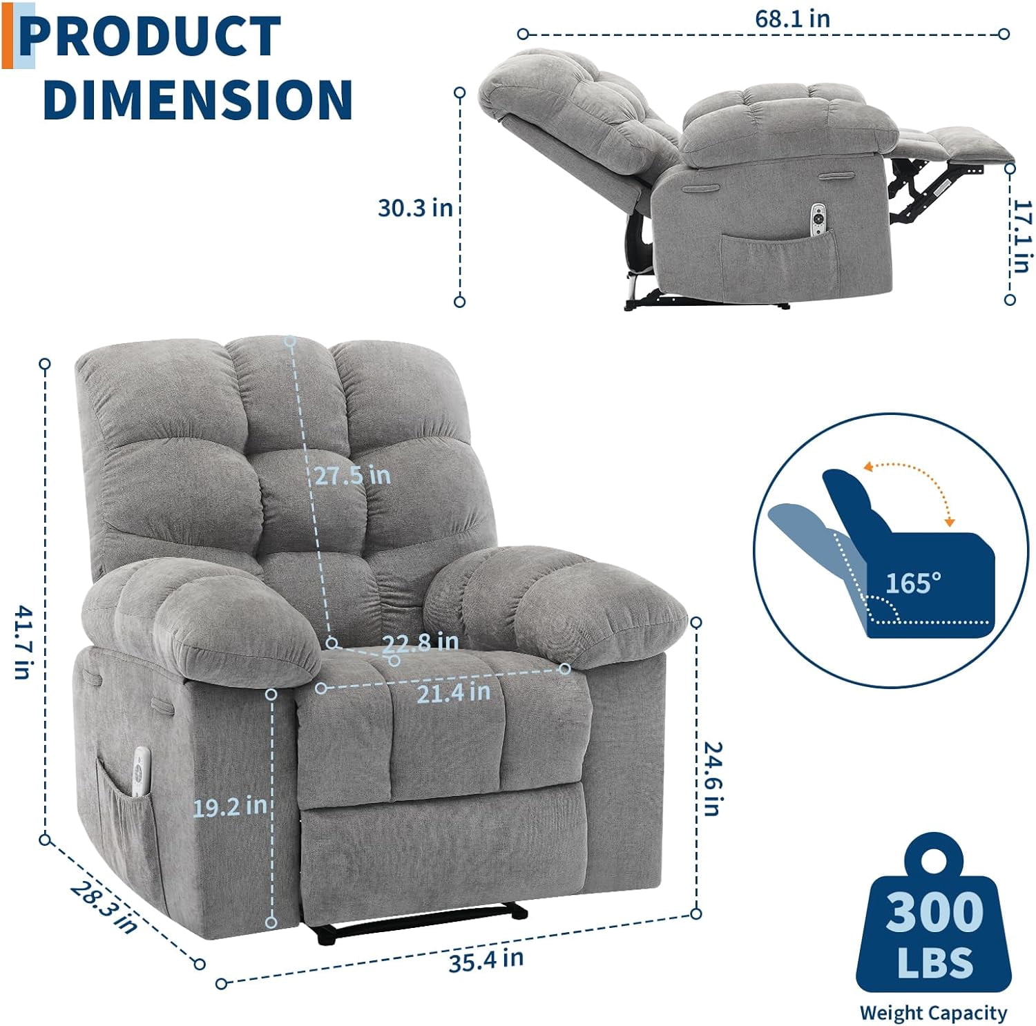 Recliner Chair, Wide Rocker Chair, Rocking Chair with Massage and Heat, Heat Ergonomic Overstuffed Breathable Fabric Reclining Chair with 2 Side Pockets, Remote Control, Living Room, Bedroom