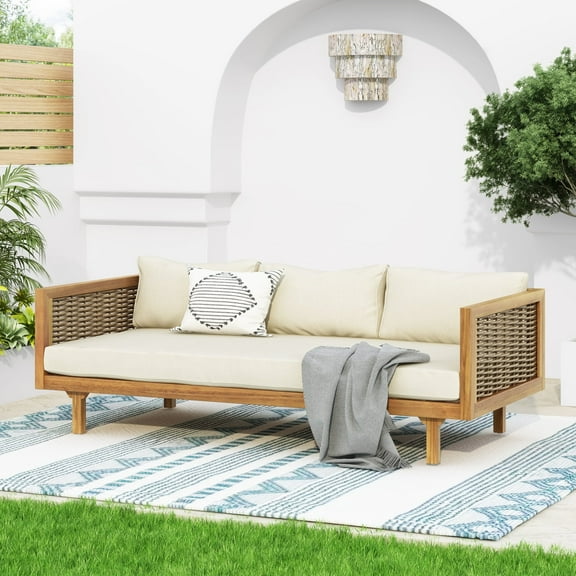 Newest 3-Seater Patio Daybed Beige - Acacia Wood Outdoor Lounge for Poolside, Garden & Backyard, Water-Resistant Cushions
