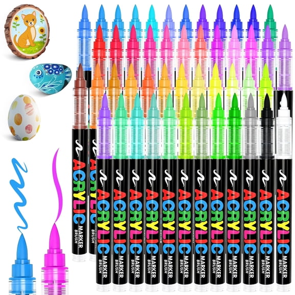 Rirool Acrylic Paint Markers 48 Colors, Brush Tip Paint Pens 1-6mm, Waterproof Opaque Paint Marker Set for Rock, Canvas, Glass, Wood, Fabric DIY Crafts