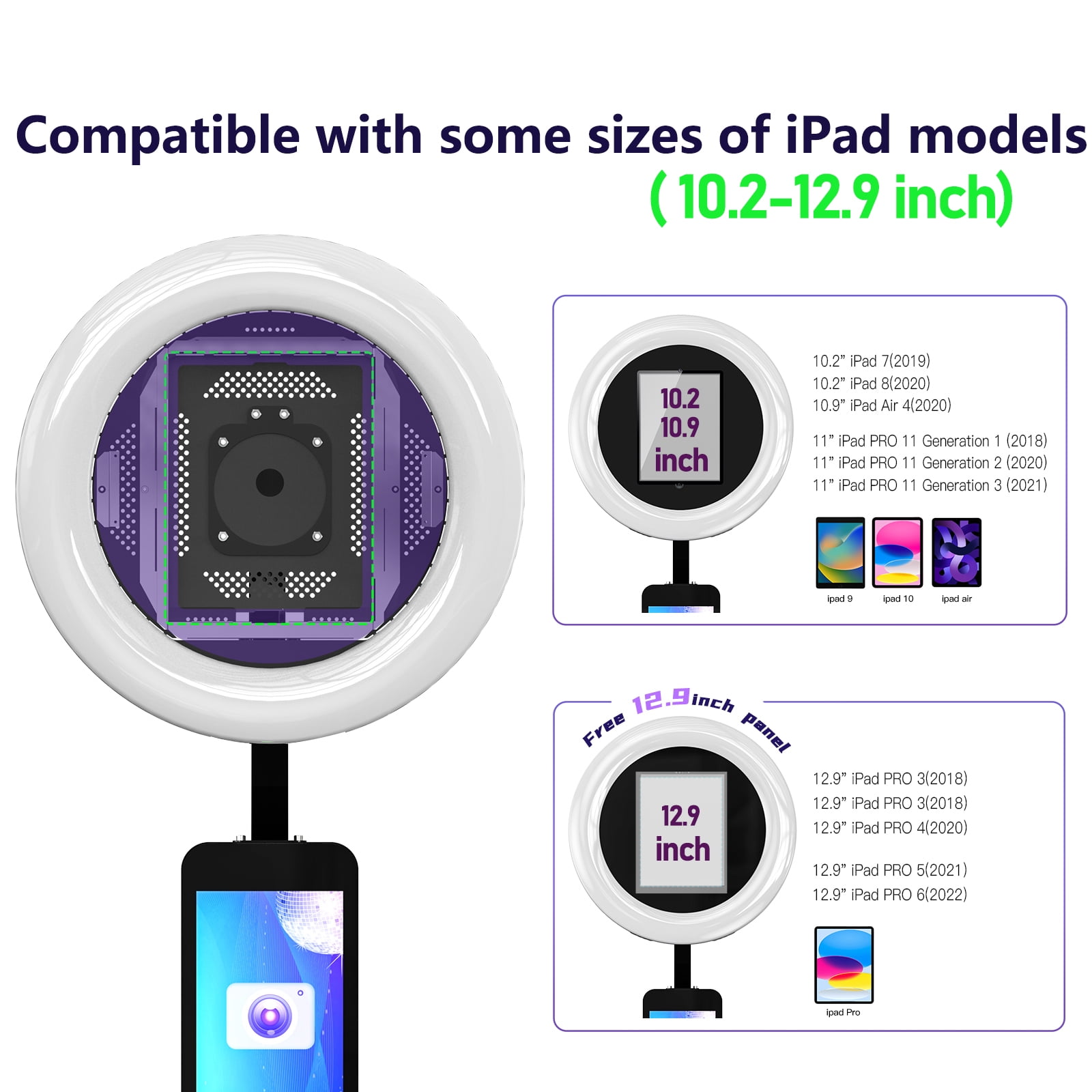 MWE Photo Booth Stand for ipad 12.9'' 10.9'' 10.2'' with Ring Light Software APP and Remote Control, RGB Lights Music Sync, Flight Case,Black