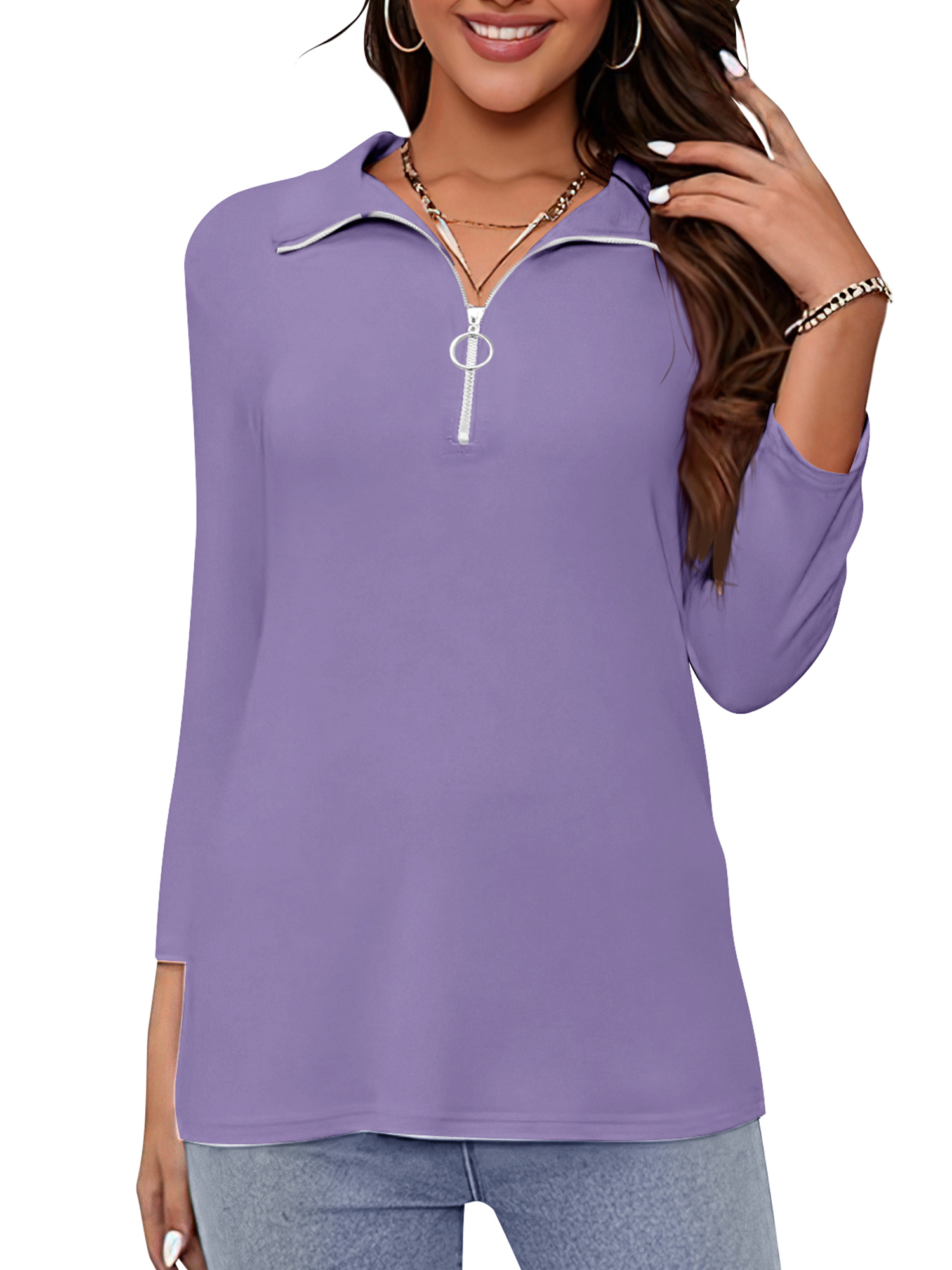 VDJ Women's Half-Zip V-Neck 3/4 Sleeve Top, Purple photo 5