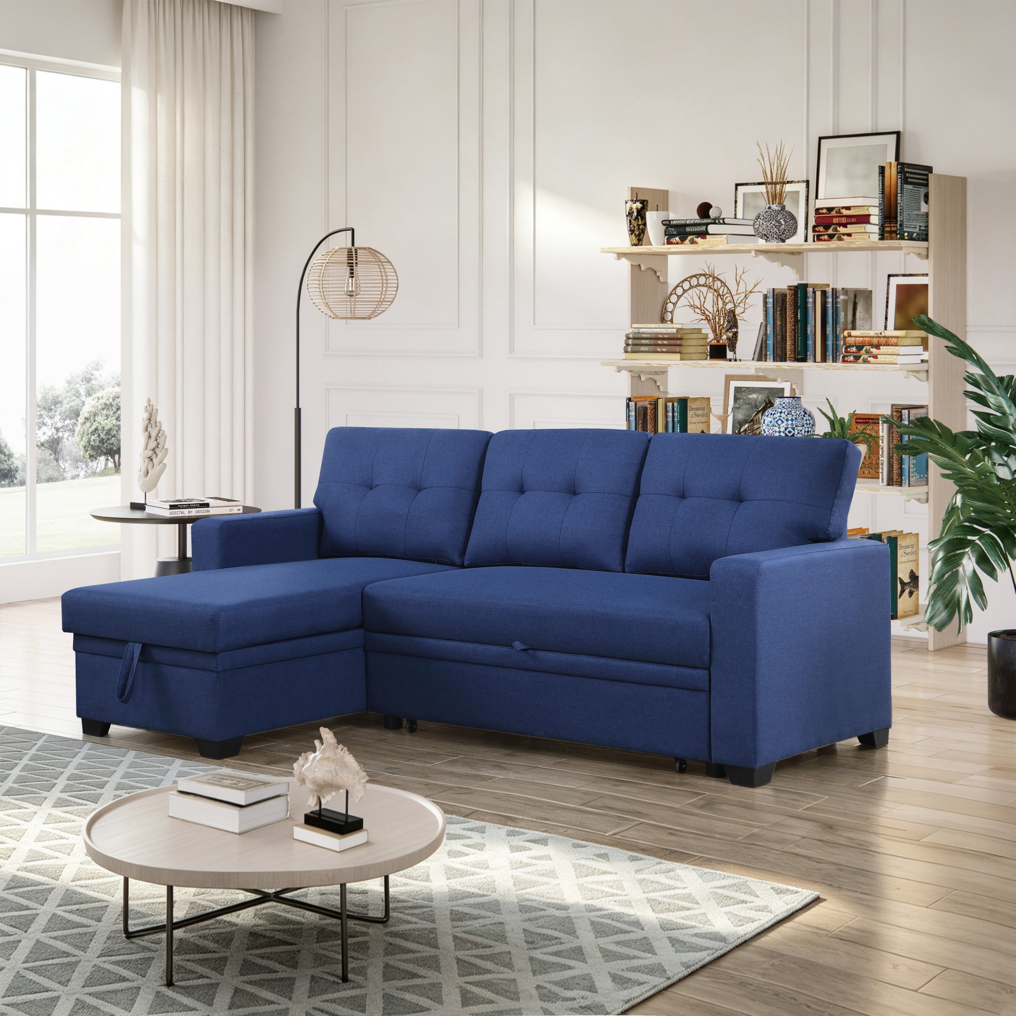 BSHTI 82" 3-Seat Linen Pull Out Sectional Sleeper Sofa with Storage Chaise, Removable Back Cushions for Living Room（Blue）