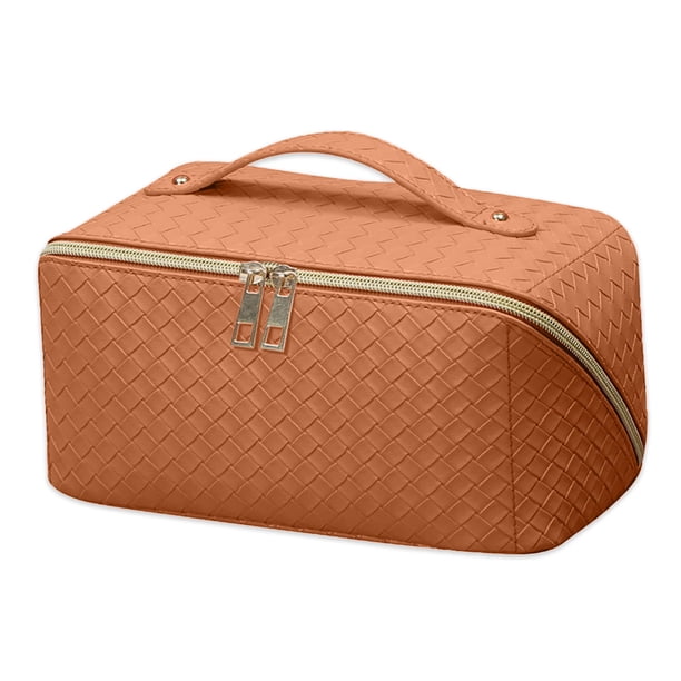 Bolsa de maquillaje de viaje, bolsa de maquillaje de gran apertura, bolsa de maquillaje portátil que se abre completamente para un fácil acceso, bolsa de maquillaje de cuero de PU, organizador de