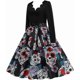 thumbnail image 3 of Vestido elegante para mujer, estilo años 50, estilo retro, vintage, de manga larga, cuello en V, corte en A, estilo Hepburn, estampado de calabaza, calavera y bruja, vestido de cóctel gótico., 3 of 5