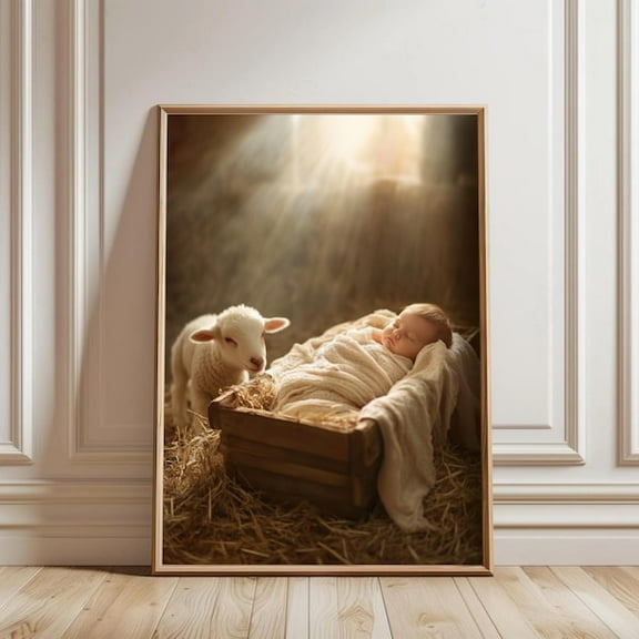 Holy Night, Birth Of Baby Jesus, Nativity, Christian, Artwork, Christmas, Modern Christian, Religious, Manger, Lamb Of God, Jesus And Lamb- Wall Art Print, 8x12 UNFRAMED