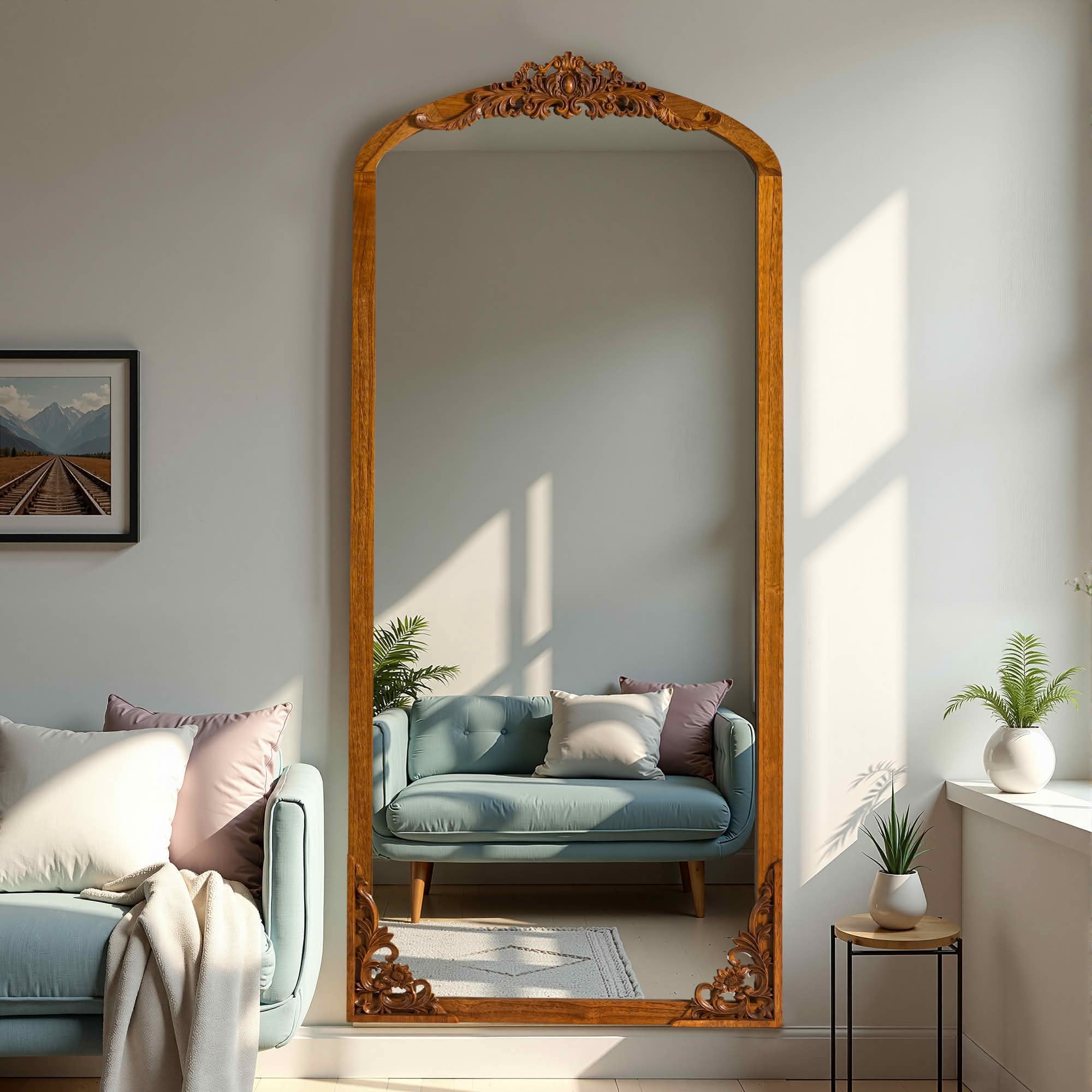 MAYEERTY 69x30x1 Inch Gold Carved Wood Right Angle Slightly Arched Full Length Mirror, No Stand for Bedroom