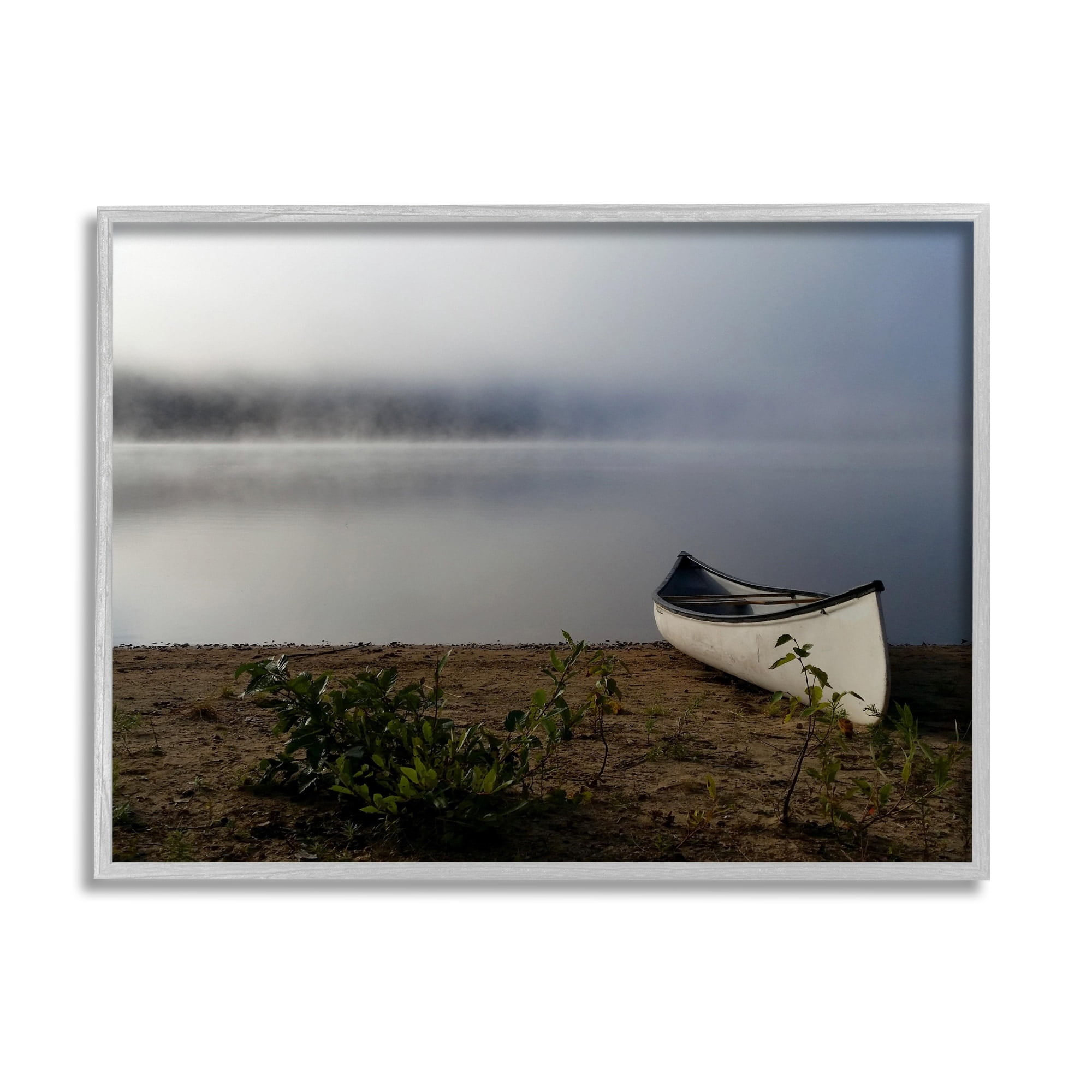 Stupell Industries Lone Canoe Tranquil Foggy Lake Beach Weather Photograph Gray Framed Art Print Wall Art, Design by Daphne Polselli