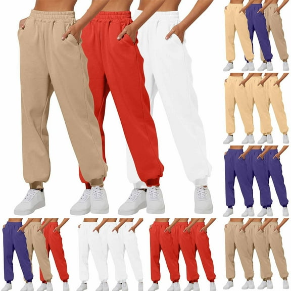 BiZtdJrK 3 Pack Joggers for Women Elastic High Waist Running Athletic Sweatpants Baggy Gym Sweat Pants with Pockets Brown M