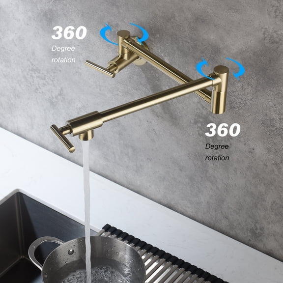 Wall Mount Folding Pot Filler Faucet, Brass Retractable Kitchen Stove Faucet with Dual Swing Arm, Brushed Gold Finish, Commercial Pot Filler with 23.6" Reach for Stove Cooktop