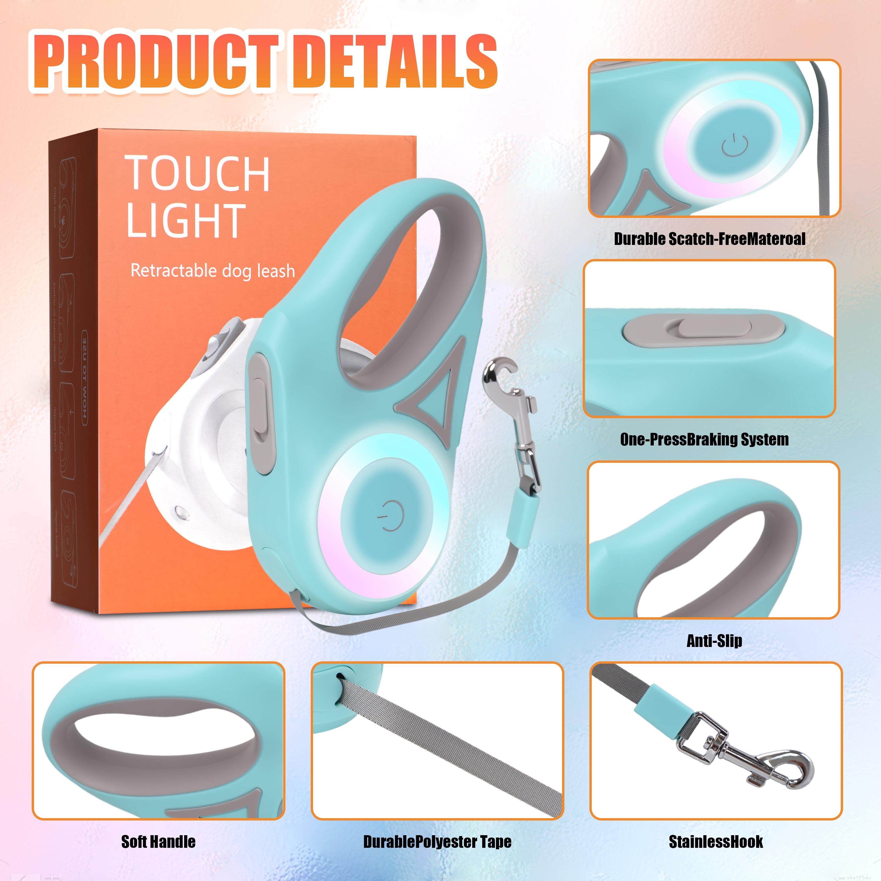 9.8FT Retractable Dog Leash with LED Light, U-Shape Tangle-Free Design & RGB Side Lights, for Small/Medium Dogs Up to 50 lbs (Batteries Not Included)