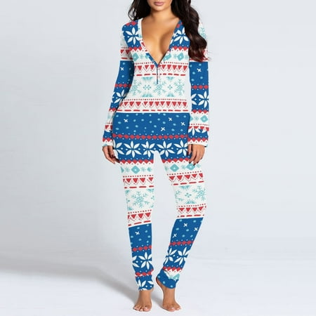 

Jmntiy Womens Onesie Flap Pajamas Christmas Print Sexy Butt Flap Sleepwear Cute Button Collar Rompers Nightwear Jumpsuit