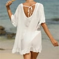 thumbnail image 5 of POTETI Women Dresses White Vacation Dress Short Sleeve V-Neck Beach Bikini Cover Up Lace Up Dress Plus Size Sundress, 5 of 5