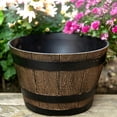 thumbnail image 4 of Rustic Barrel-Style Round Planter, Wood-Inspired Finish Resin Planter with Built-In Drainage System, for Outdoor Patio And Garden Spaces, 4 of 8