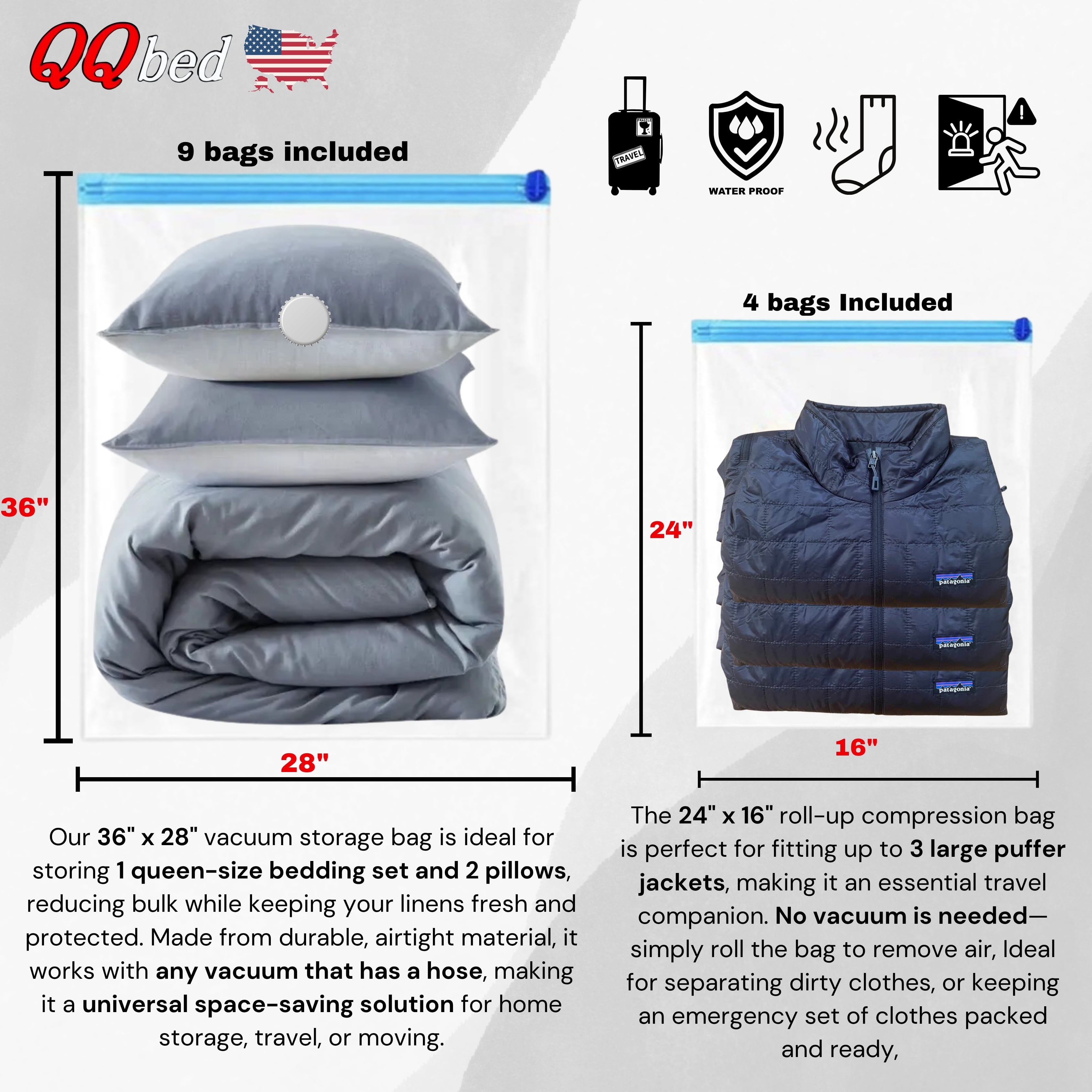 QQbed 13 PACK Clear No Color - 9 Large Vacuum Seal Space Saver Storage Bags + 4 Travel Bags