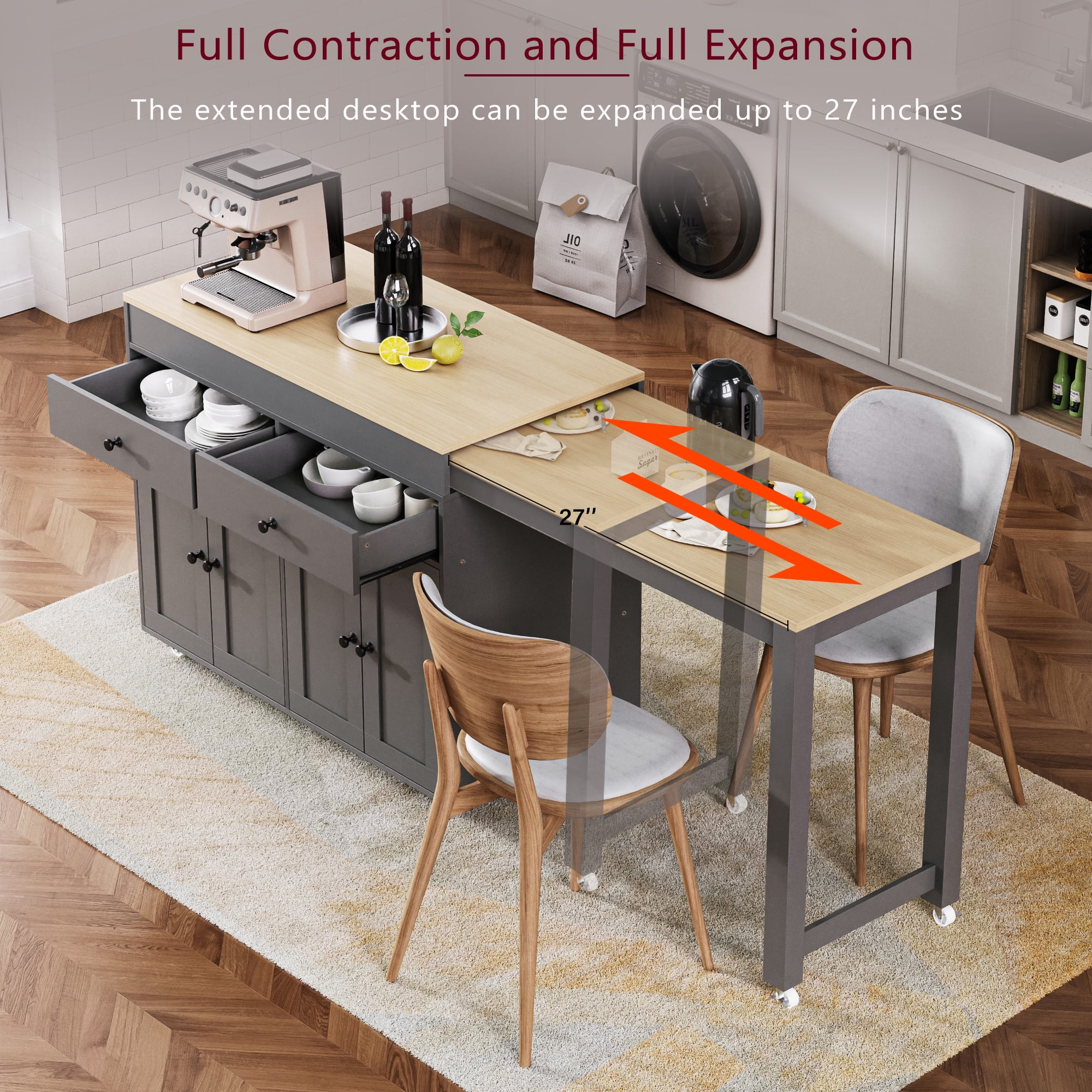 Yoneston 74.5" Rolling Kitchen Island with Extendable Dining Table, Kitchen Storage Cart with Spice Rack and 2 Drawers 4 Doors for Kitchen, Dining Room, Gray
