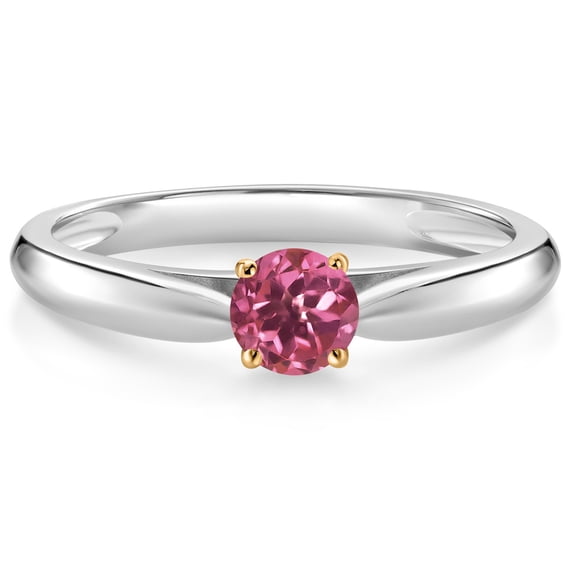 Gem Stone King 10K White and Yellow Gold Pink Tourmaline Solitaire Engagement Ring for Women (0.25 Cttw, Gemstone October Birthstone, Round 4MM, Size 9)