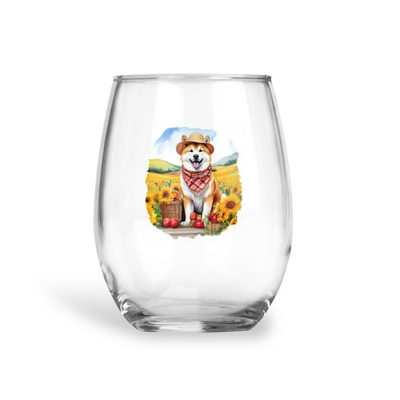 Vintage Akita Says Hello Mother's Day Summer Sunflower Field 15oz Stemless Wine Glass Mug Inu Dog Lover Wine Glasses Cup - 12005