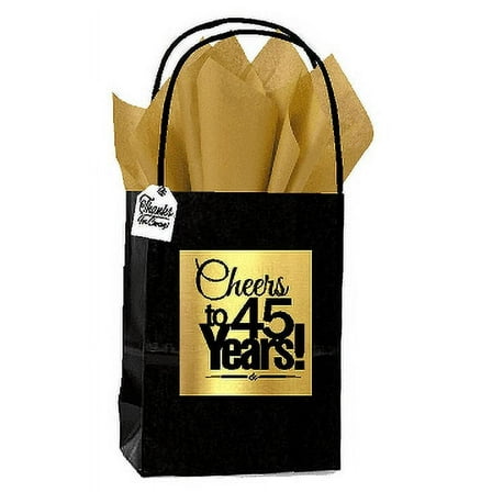 Black & Gold 45th Birthday / Anniversary Cheers Themed Small Party Favor Gift Bags with Tags -12pack
