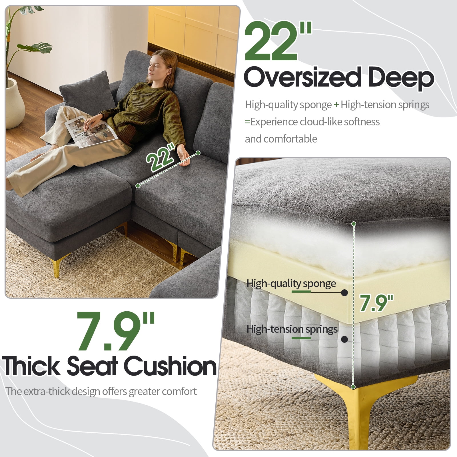 Ktaxon U-Shaped Sofa with 2 Removeable Ottoman Footrests, Flannel Deep Seating Couch for 3, Converts to Sleeper for Bedroom Living Room Furniture Dark Gray
