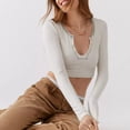 thumbnail image 3 of Women Long Sleeve Crop Tops Ribbed Tee Shirts Solid Color Vintage V Neck T-Shirt Streetwear, 3 of 7