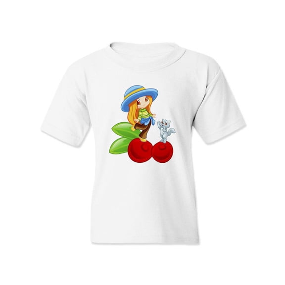 Kid And Kitten On Fruit T-Shirt Juniors -Image by Shutterstock,  Medium