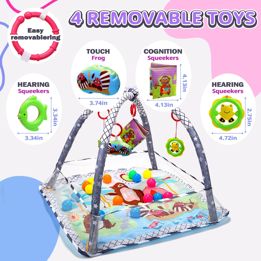 JoyStone 4 IN 1 Baby Activity Play Mat with 20 Balls, 5 Detachable Sound Toys, Baby Sensory Mat for for Toddler Infant 0-12 Months, Newborn Gift for Boys and Girls