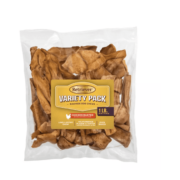 Retriever Chicken-Basted Rawhide Variety Pack Dog Chew Treats, 1 lb.