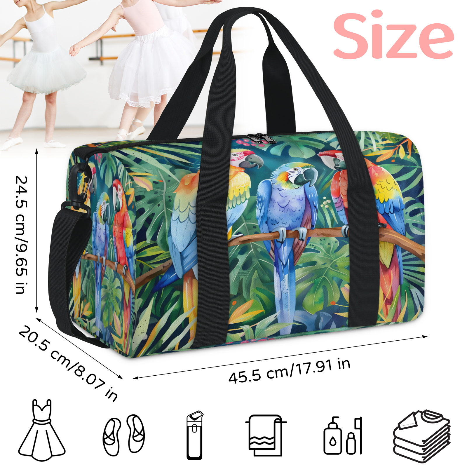 Herdesigns Parrot Tropical Palm Leaves Gym Bag for Women, Duffle Bag for Travel Sport, Lightweight Waterproof Carry on Weekender Overnight Dance Yoga Workout Bags