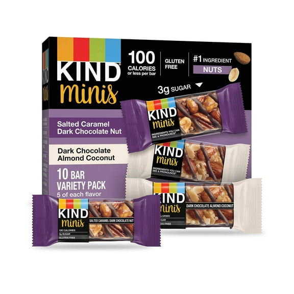 KIND Minis Salted Caramel Dark Chocolate Nut and Dark Chocolate Almond Coconut Bars, Gluten Free Bars, Variety Pack, 0.7 OZ Bars (20 Count)