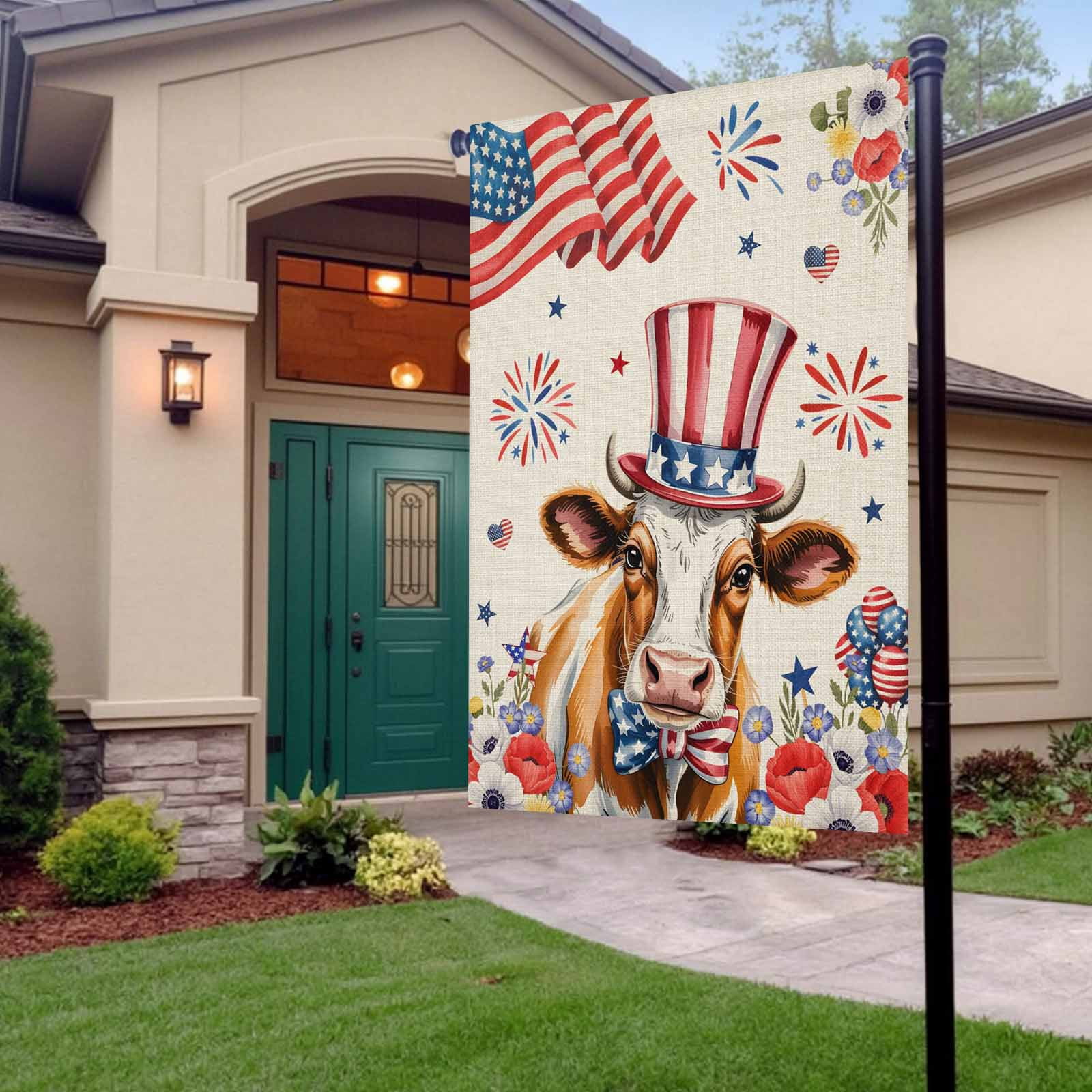 4th of July Garden Flags USA Flag Cow Garden Flag Double Sided Welcome Flag Stars Stripes Hat Fireworks Poppy Independence Day Yard Flags for Outdoor Lawn Porch Memorial Day Holiday Decor 28x40 Inch