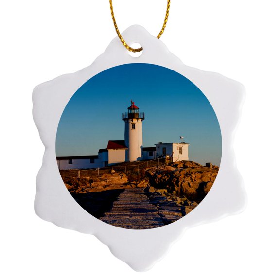 3drose, Massachusetts, Cape Ann, Gloucester, Eastern Point Lighthouse, Sunset, 3 inch Snowflake Porcelain Ornament