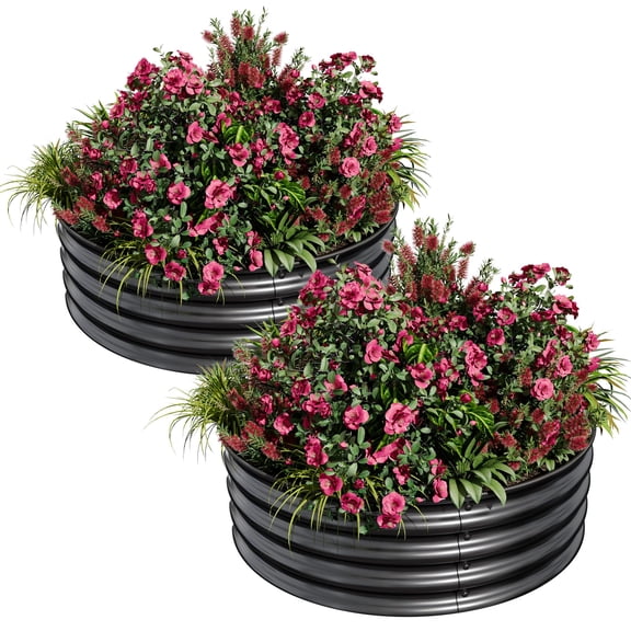 Round Raised Garden Bed Set - 2PCS Galvanized Metal Planter Boxes, Rust & Corrosion Resistant, Safe Edge, Easy Assembly, Ideal for Vegetables, Fruits, Flowers, Black