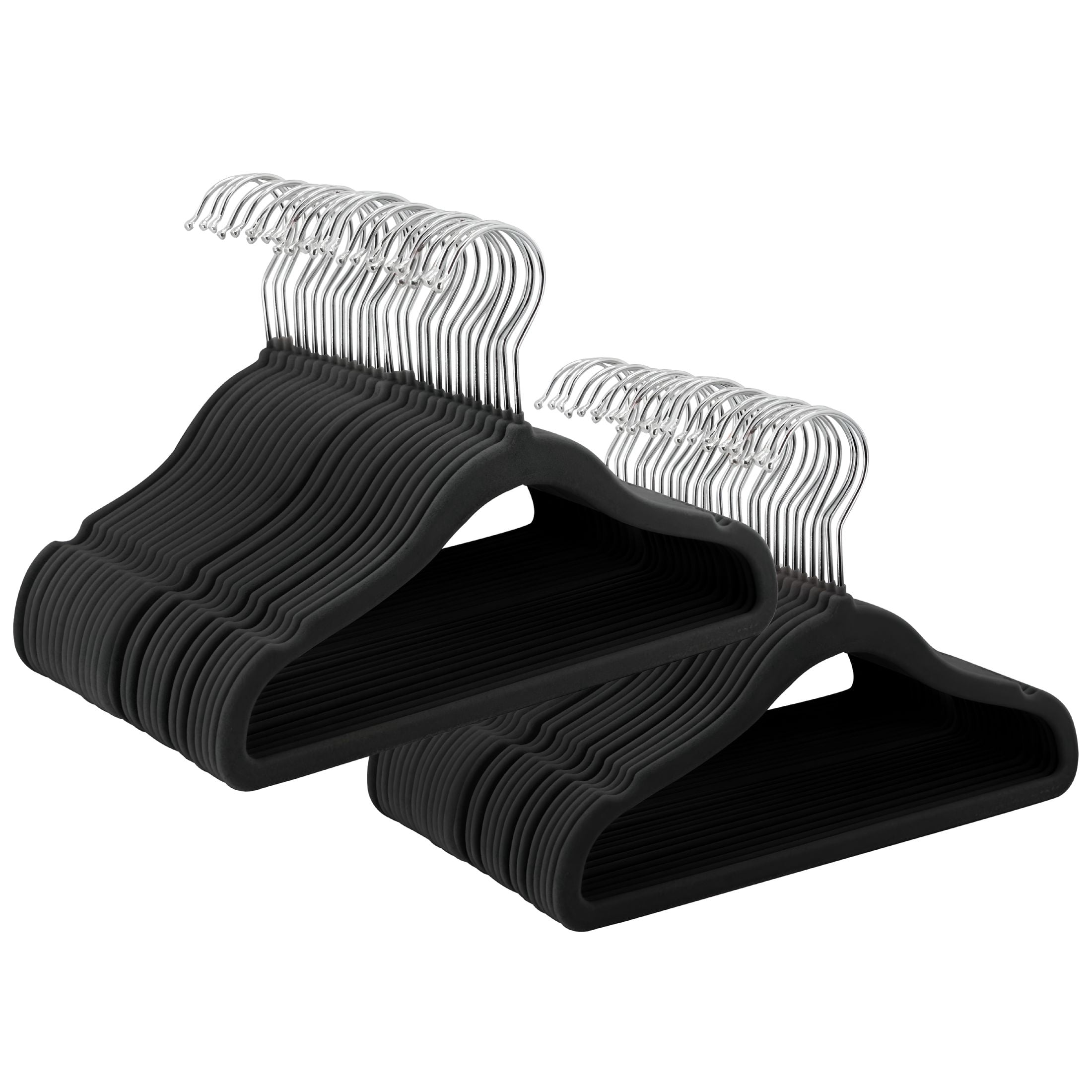 XIBUFE 50 Pack Non-Slip Velvet Space Saving Notched Shoulder Clothes Hangers for Toddler,Baby & Kids Clothing with 360° Swivel Hooks,Slim Design in Black