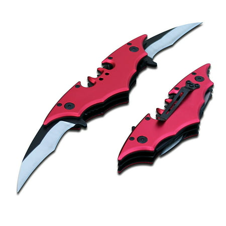 Red Batman Bat Folding Dual Twin Double Blade Spring Assisted Pocket Knife Tactical Belt