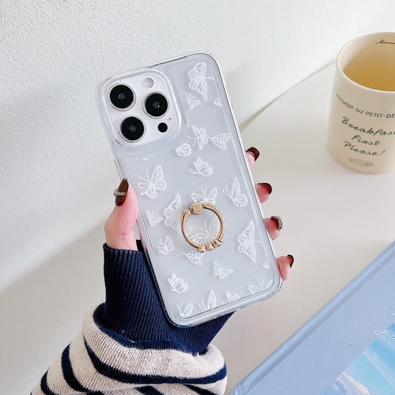 Stylish Butterfly Pattern Back Cover for Apple iPhone 16 Plus, Glitter Ring Holder Kickstand Fashionable Luxury Slim Fit Lightweight Clear Case for iPhone 16 Plus, B