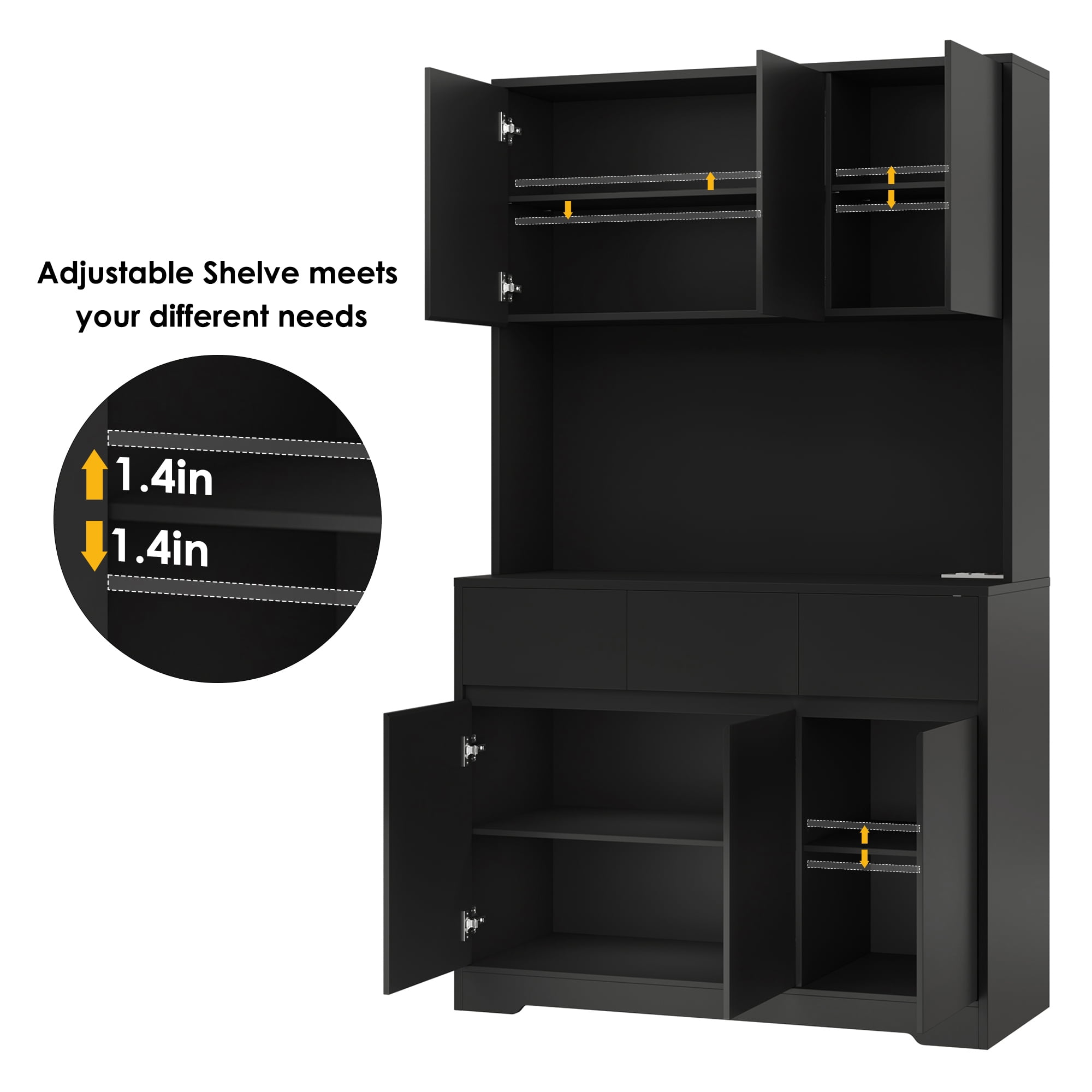 Homfa 70.9'' Tall Kitchen Pantry Cabinet with Charge Station & Led Light, 3 Drawer Storage Cabinet with Adjustable Shelves, Black