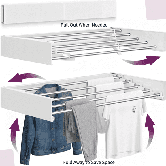 ECHOKRAFTS Foldable Stainless Steel and Iron Indoor Wall Mounted Clothes Drying Rack, White