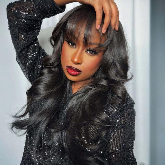 JOFMWIX Human Hair Wavy Wigs for Black Women Natural Wave Wig with Bangs Glueless Loose Curly None Lace Front Wigs Brazilian Virgin Human Hair for Daily (18 Inches)